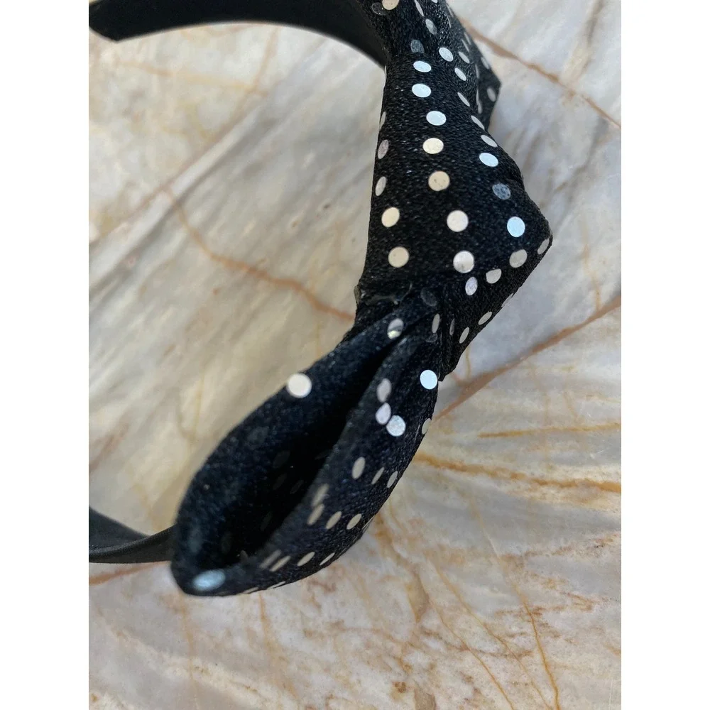Black Silver Polka Dot Bow Headband Retro Sparkle Hair Accessory
